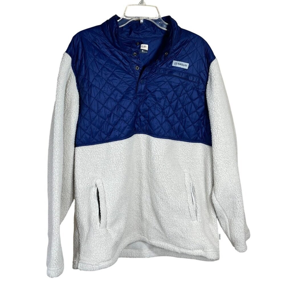 MaGellan Outdoors Fleece Quilted 1/4 Snap Blue Cream Size XL Extra Large Classic